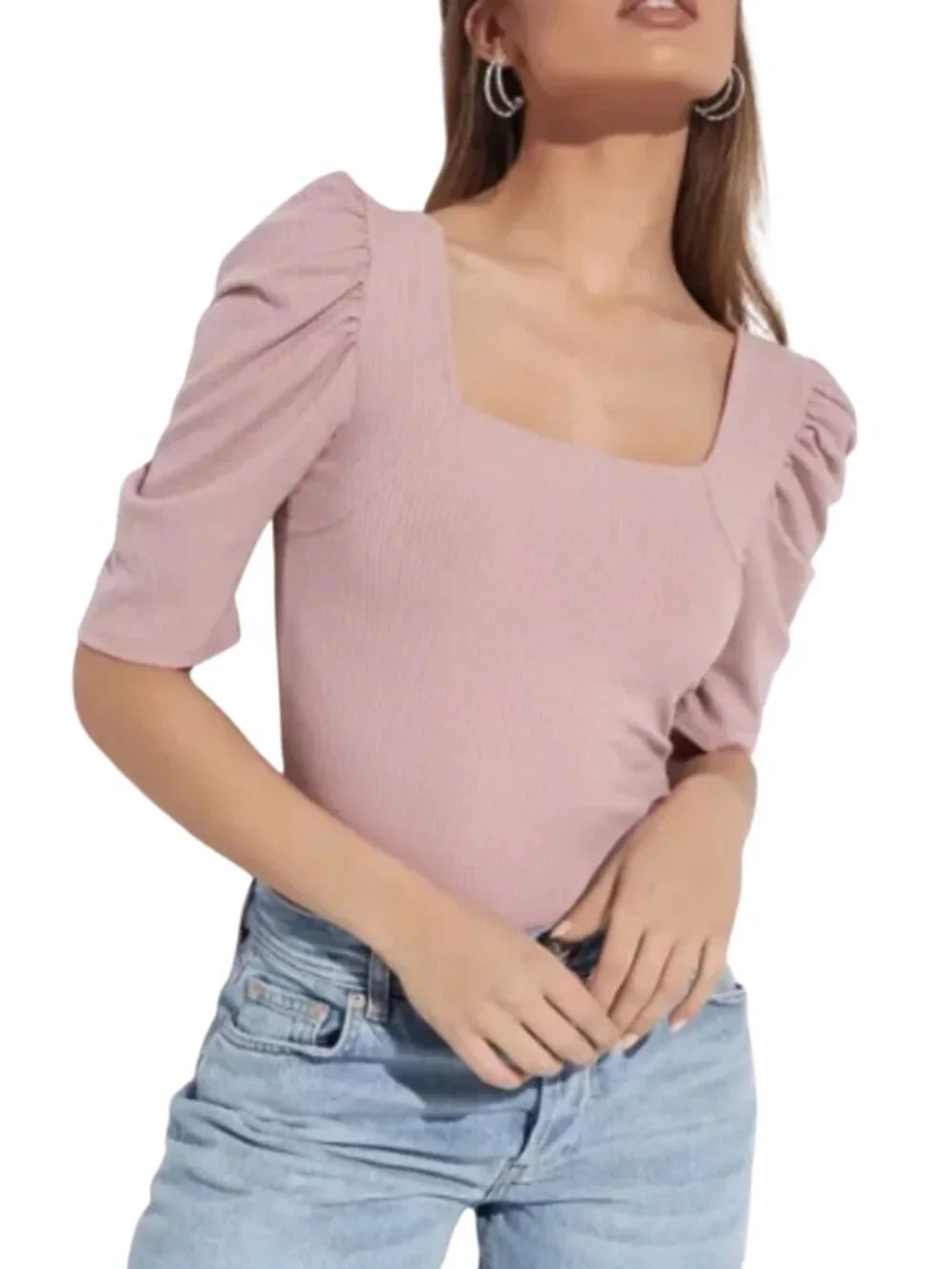 NWT Free People Night Lily Puff Shoulder Square Neck Short Sleeve Ribbed…